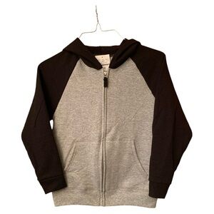 Child’s medium Hanes fleece zip up hoodie. Gray and black.